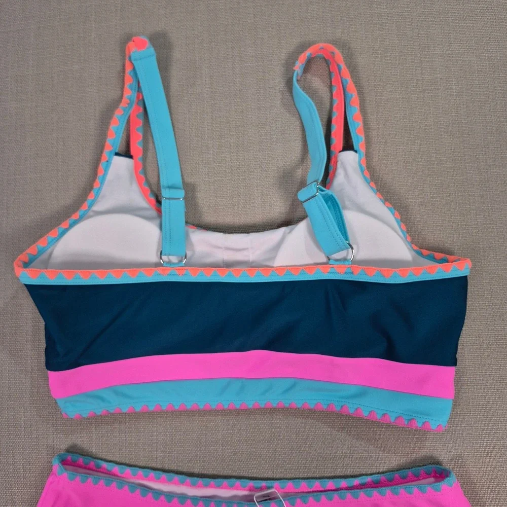 Popvil 3 Piece Swimsuit Set Teal Pink Colorblock Ric Rac Skirt Bikini Womens L